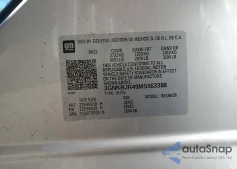 2021 Chevrolet Blazer 3Lt из США, поврежденный, VIN 3GNKBJR49MS563388